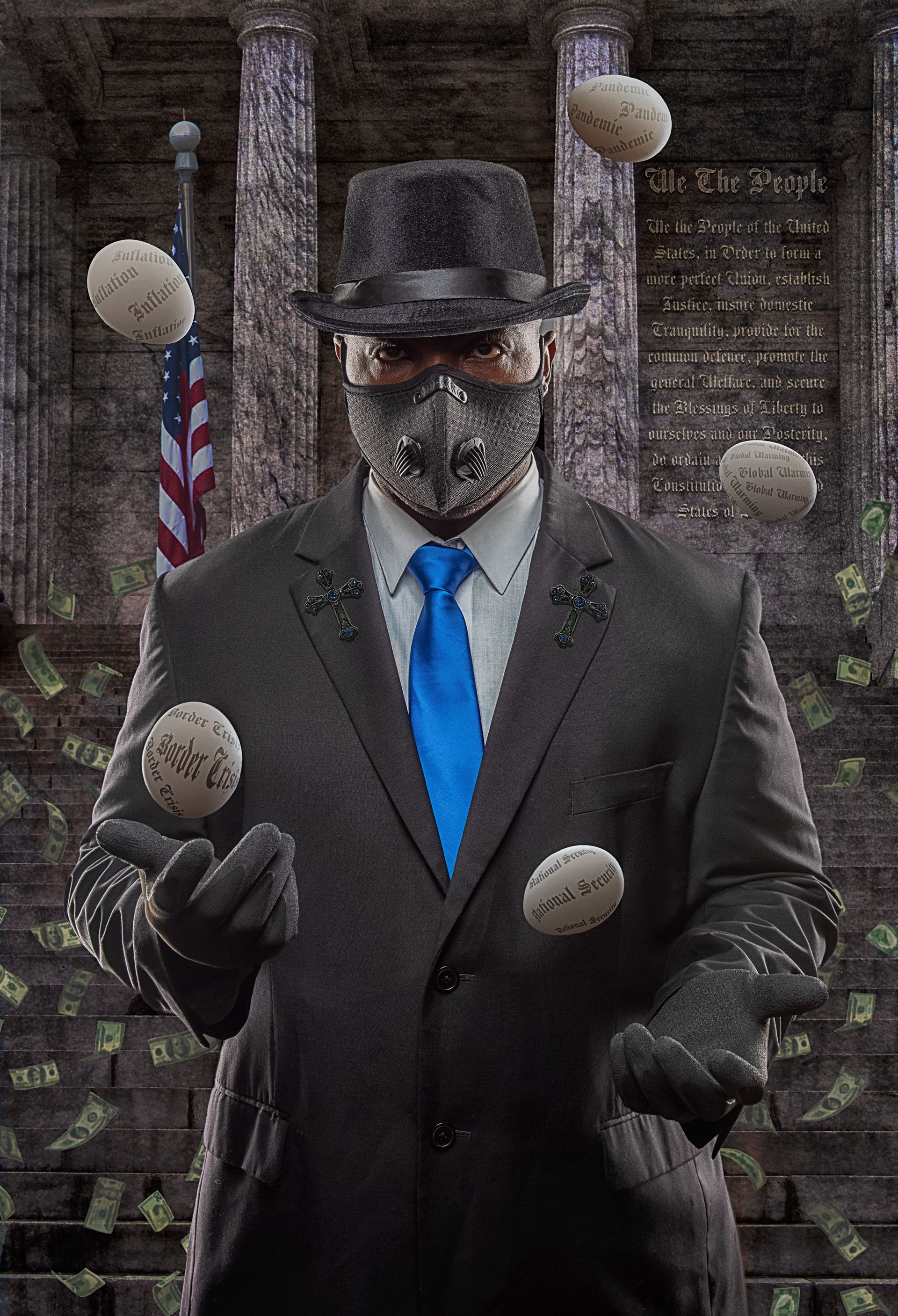 Masked man in black suit and blue tie juggling stones on stone steps