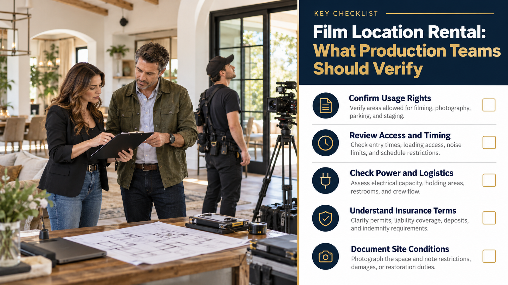 Film production team reviewing rental location requirements and filming logistics.