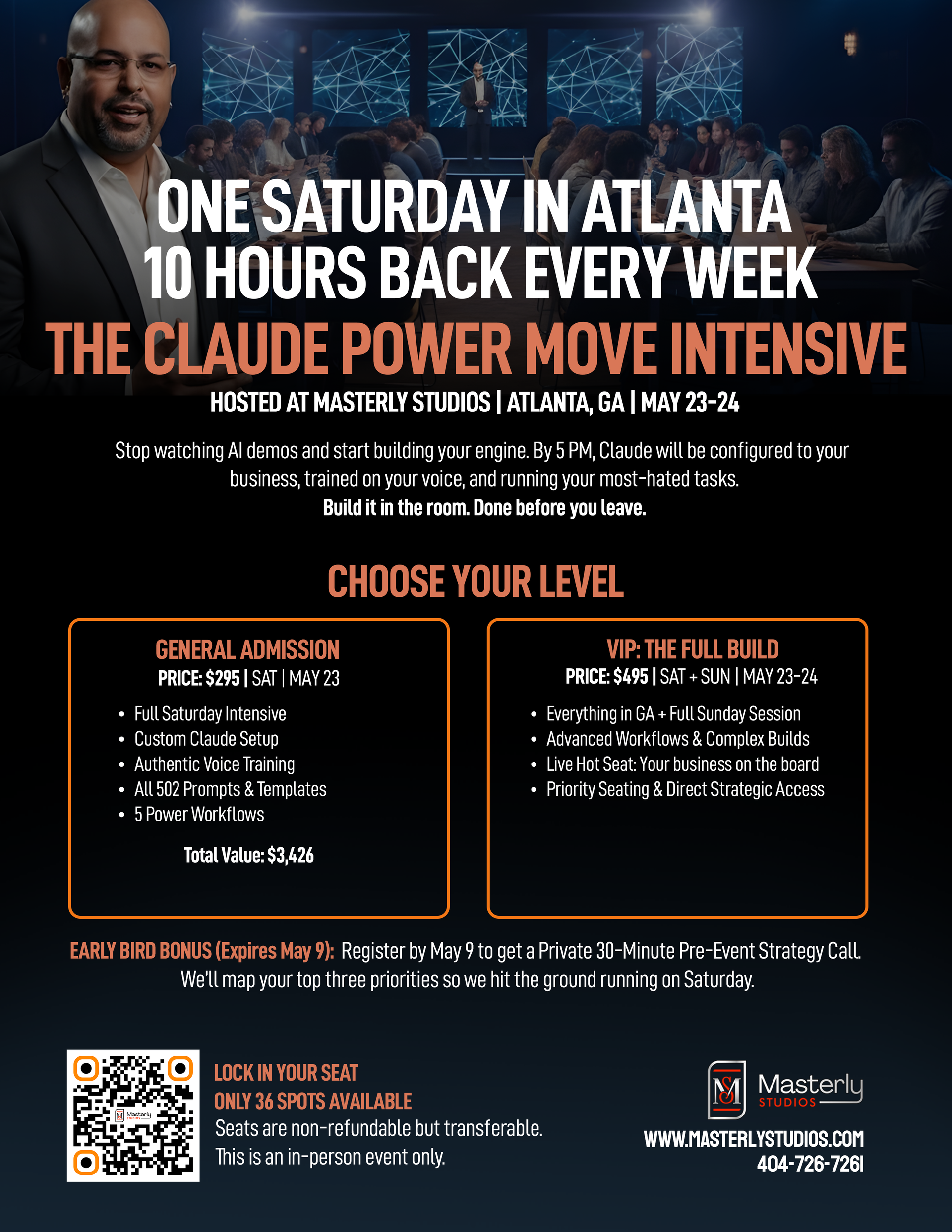 Atlanta event flyer for “Claude Power Move Intensive” with speaker portrait and two option boxes on a dark background