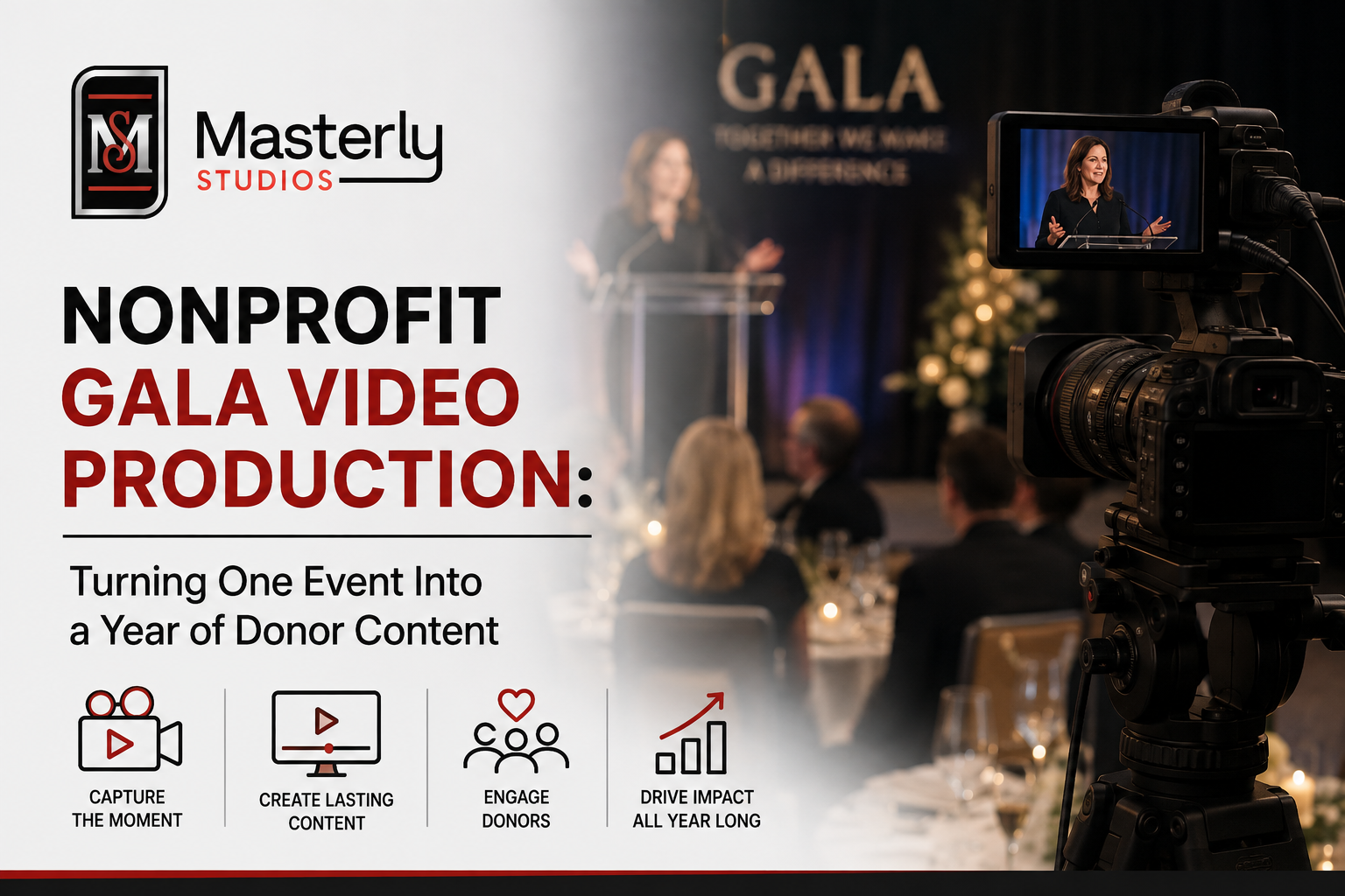 Professional nonprofit gala video production capturing donor interviews and event highlights.
