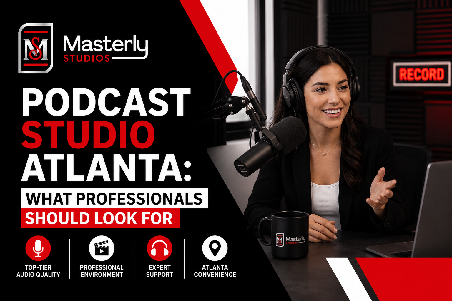 Professional podcast studio in Atlanta with video recording setup.