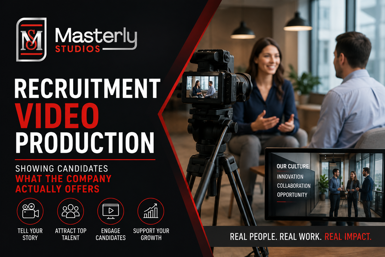 Video crew producing a recruitment video with employees and company leadership.