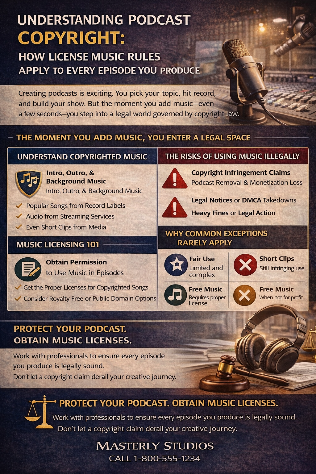 Copyright awareness podcast poster with a legal-themed layout, scales, and warning icons on a dark background