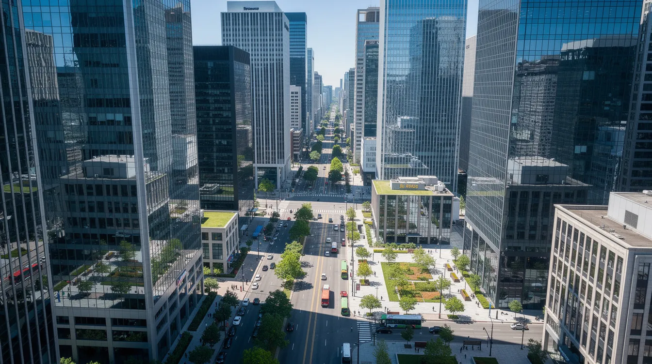 Modern downtown plaza lined with glass skyscrapers and green medians, seen from above.