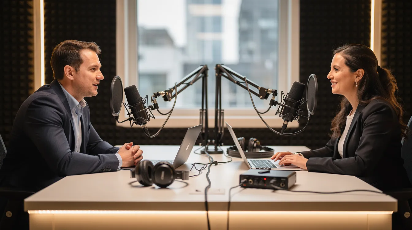 Two people in a studio podcast interview, speaking across microphones at a table.