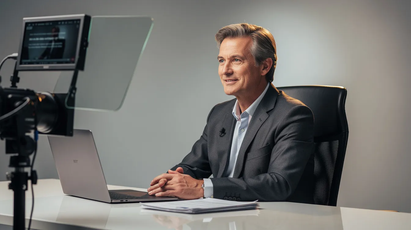 Man in a suit smiling at a desk with a laptop and studio lighting setup