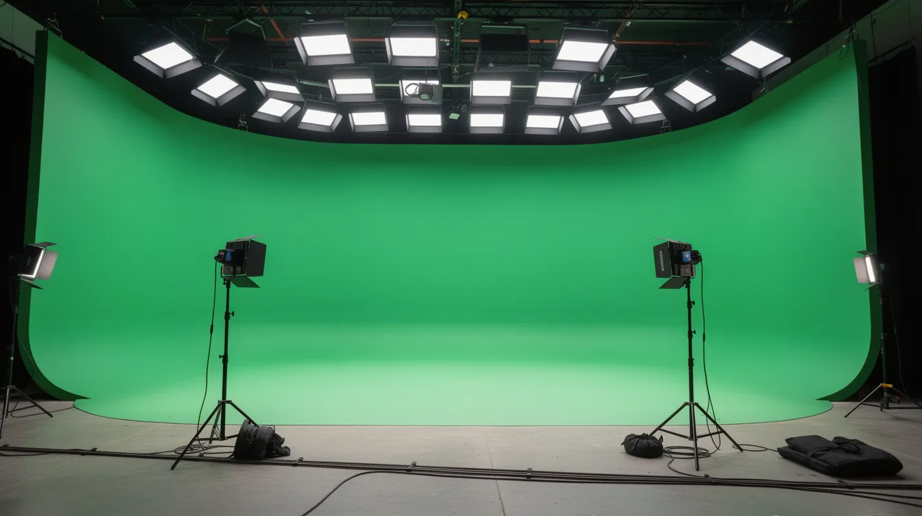 Empty green-screen studio with overhead lights and two tripods on a white floor