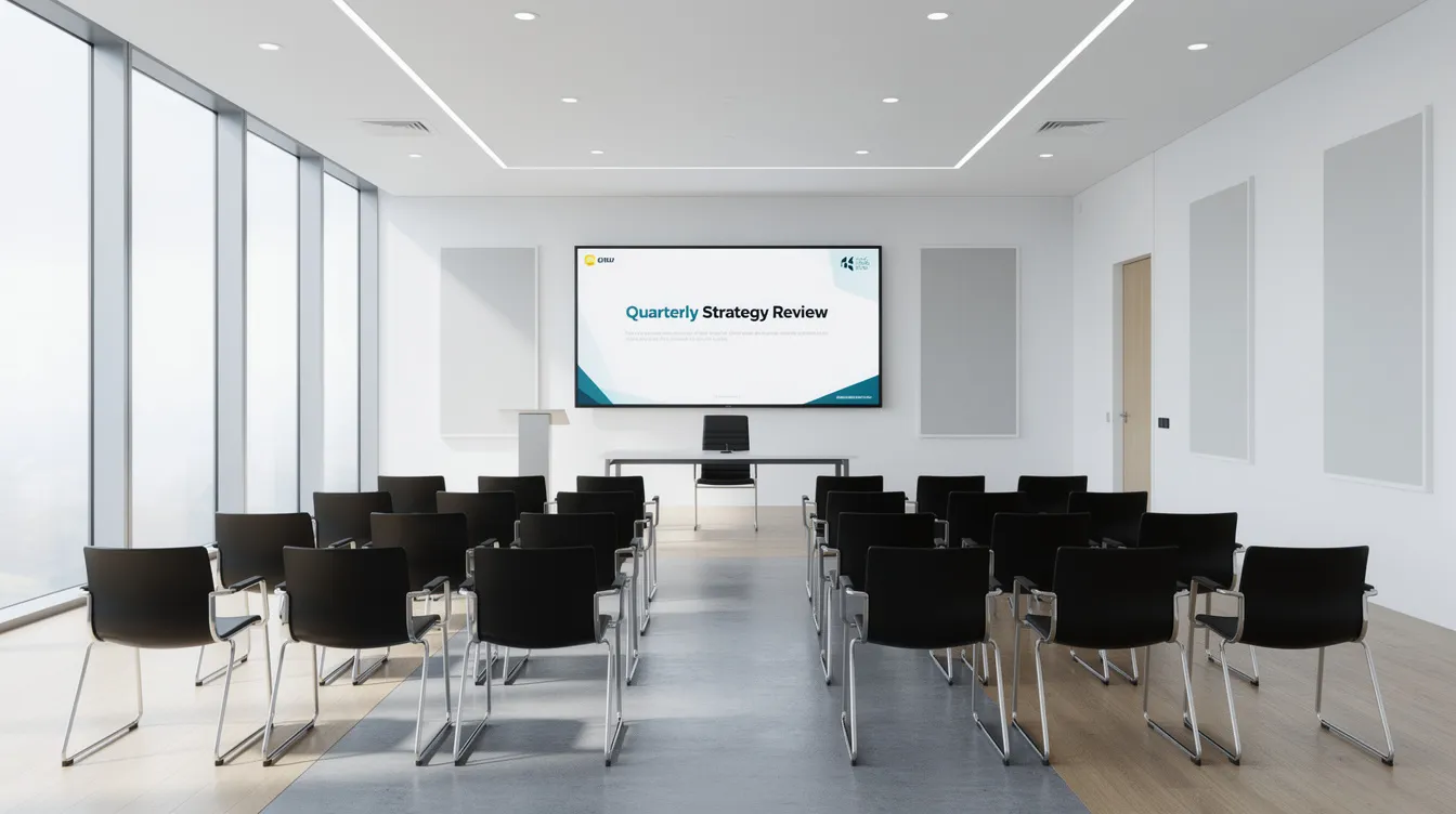 Bright conference room with rows of black chairs facing a presentation screen