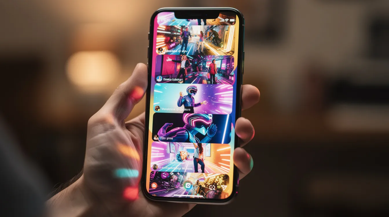Hand holding a smartphone displaying colorful game or entertainment thumbnails on the screen