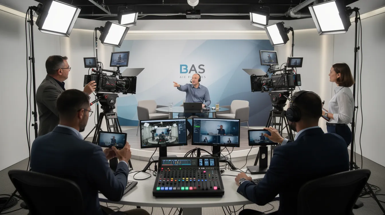 Studio interview set with cameras, lights, and crew filming a seated speaker on a white couch