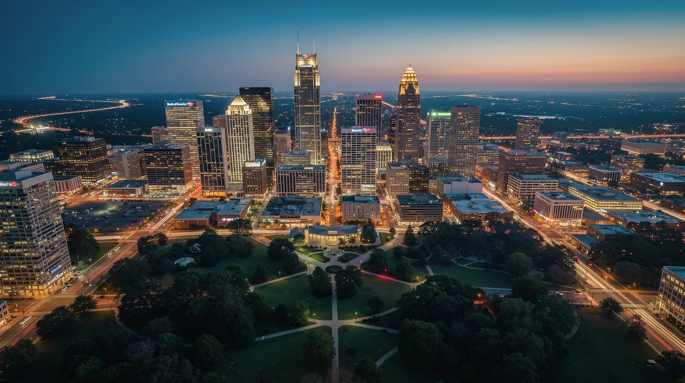 Dusk aerial view of a lit downtown skyline beyond a dark green park and city streets