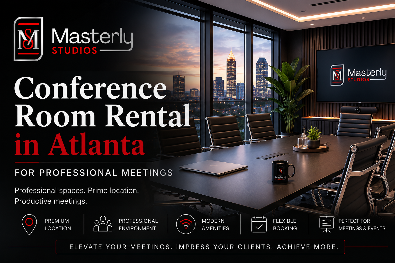 Conference room rental ad for Masterly Studios in Atlanta, showing a modern office meeting space.