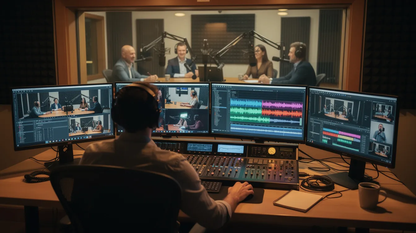 Audio mixing studio with engineer at console, multiple monitors, and musicians recording in a booth.