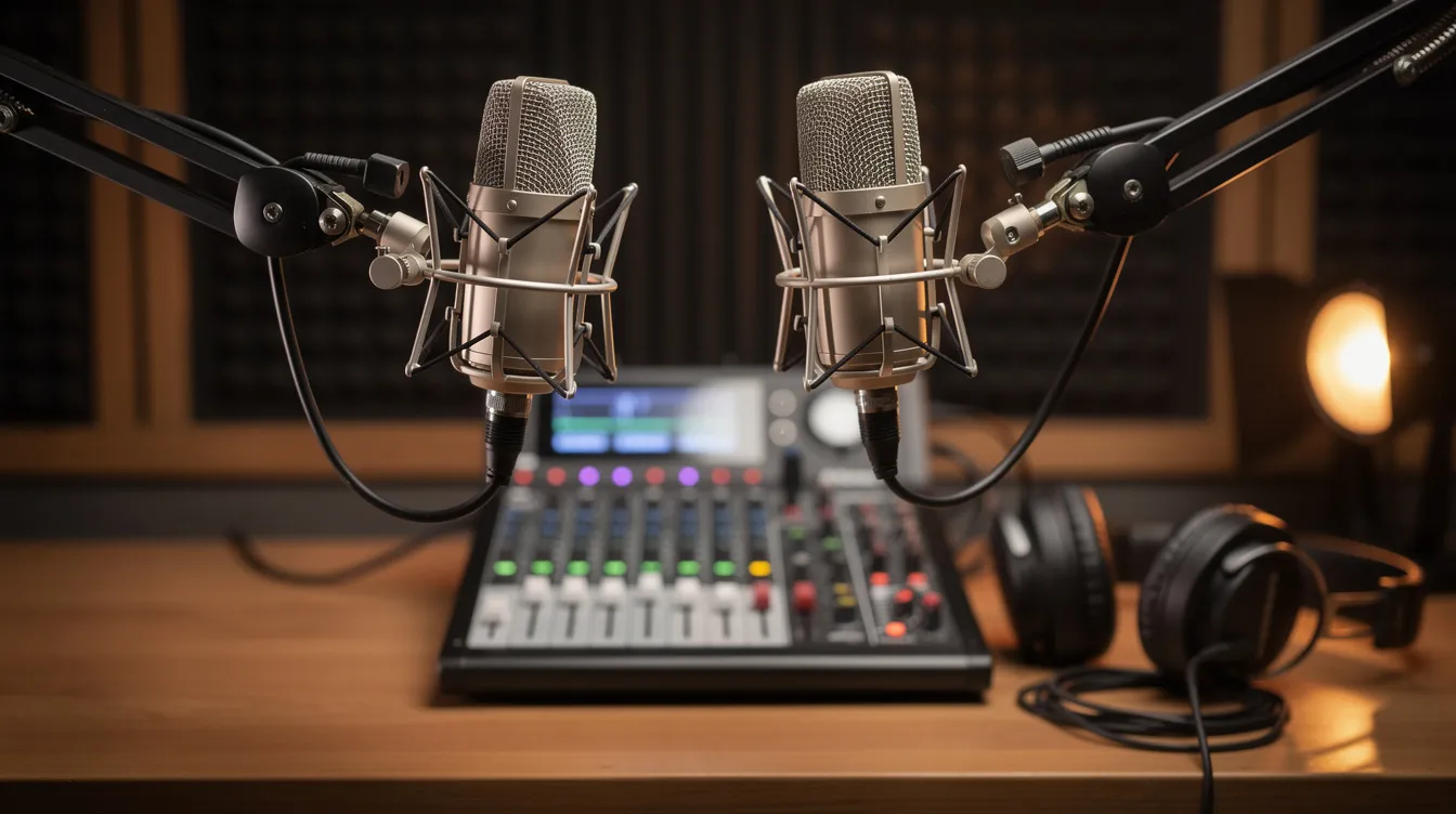 Two studio microphones on a desk with a podcast mixer and headphones in a dim recording setup