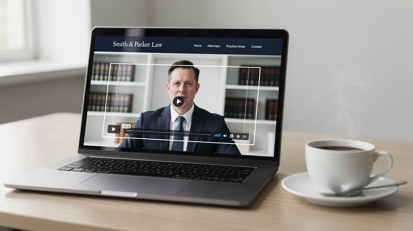 Laptop on desk showing a man speaking in a video call, with a coffee cup beside it.