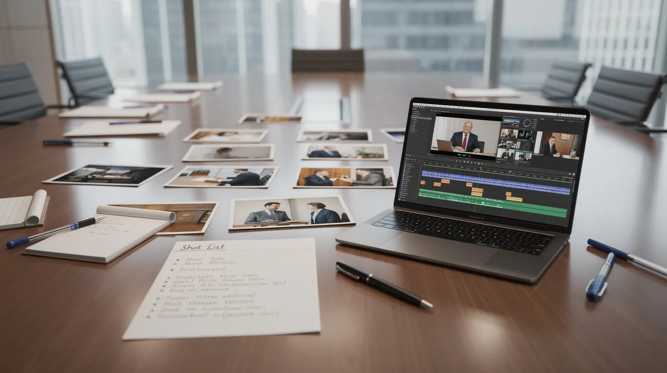 Conference table with papers, notebooks, and a laptop showing video editing software in a bright meeting room