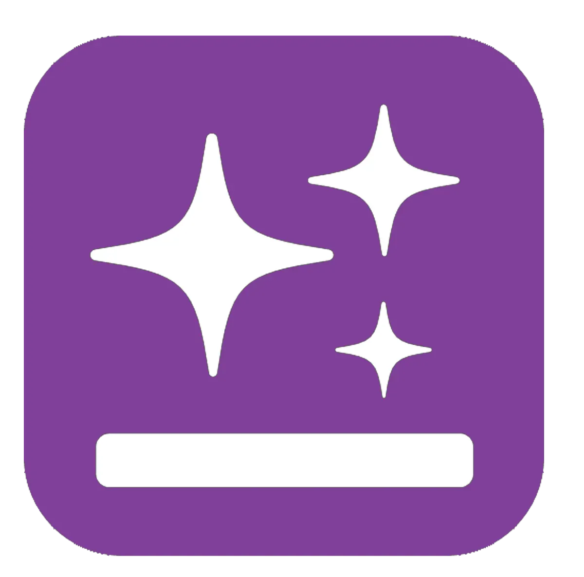 Purple square icon with white sparkles above a white rounded bar