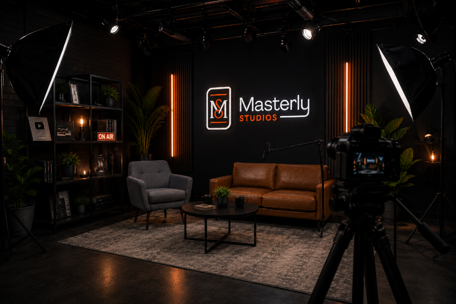 Masterly Studio podcast set with leather sofa, chair, rug, and lighting in a dark studio