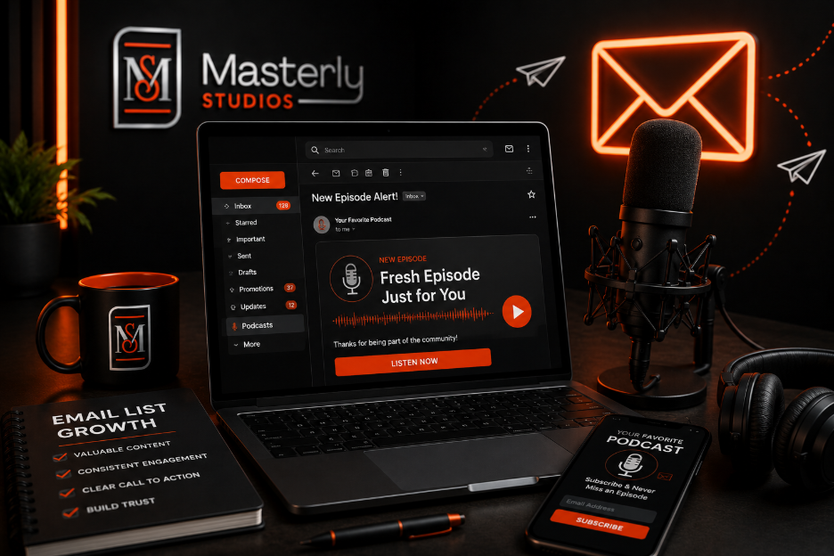 newsletter,podcast set up,mic, screen