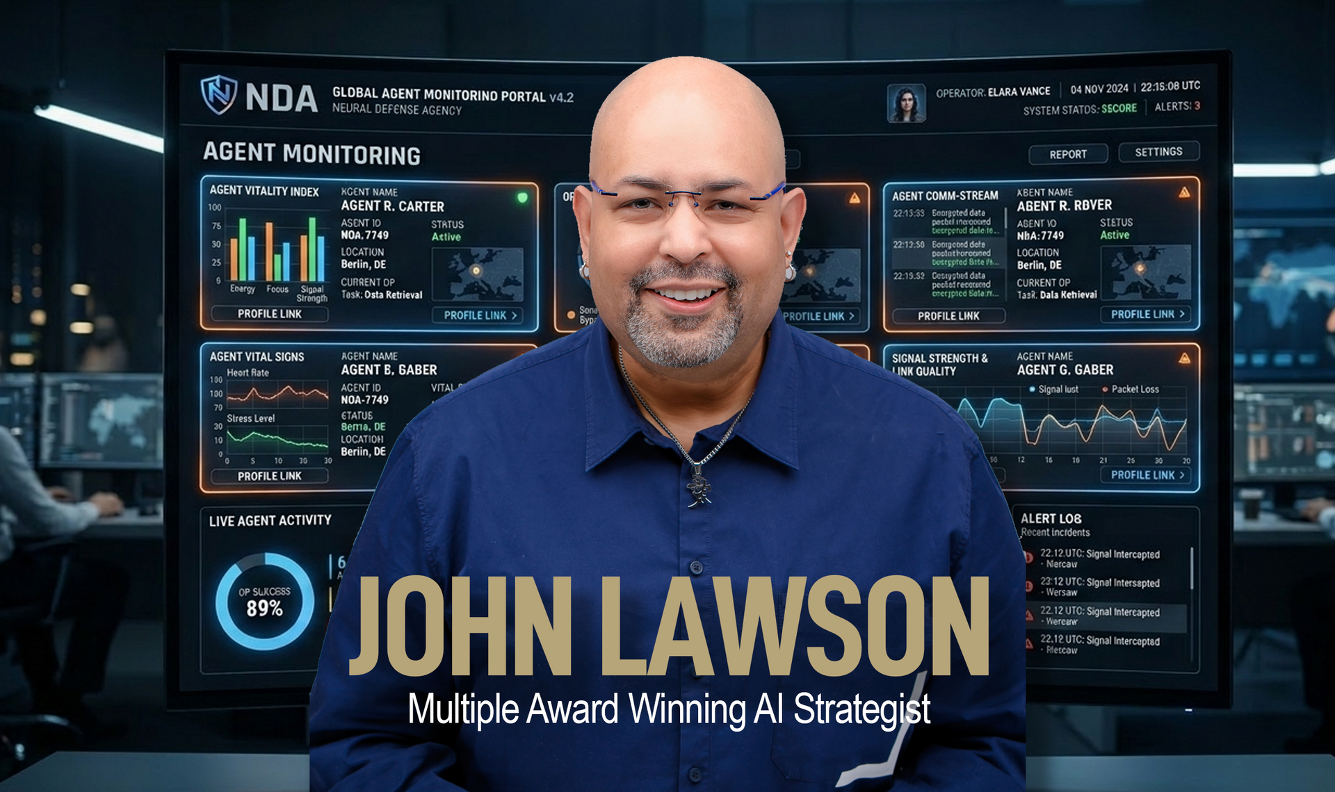 Man smiling before a dark analytics dashboard, with bold text reading “JOHN LAWSON” and “Multi-Mode AI Writing Strategist.”