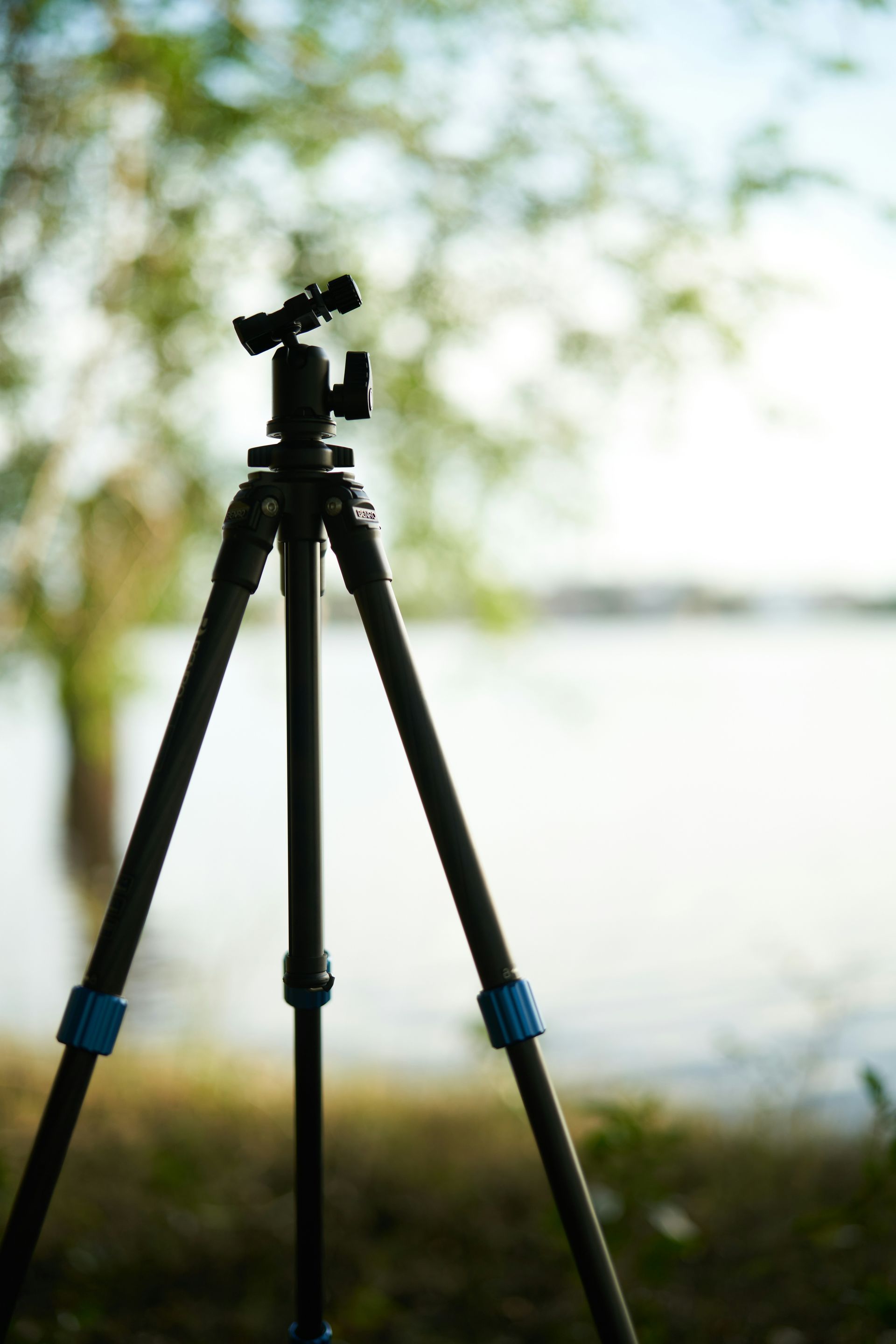 Tripod camera silhouetted in front of a bright outdoor background