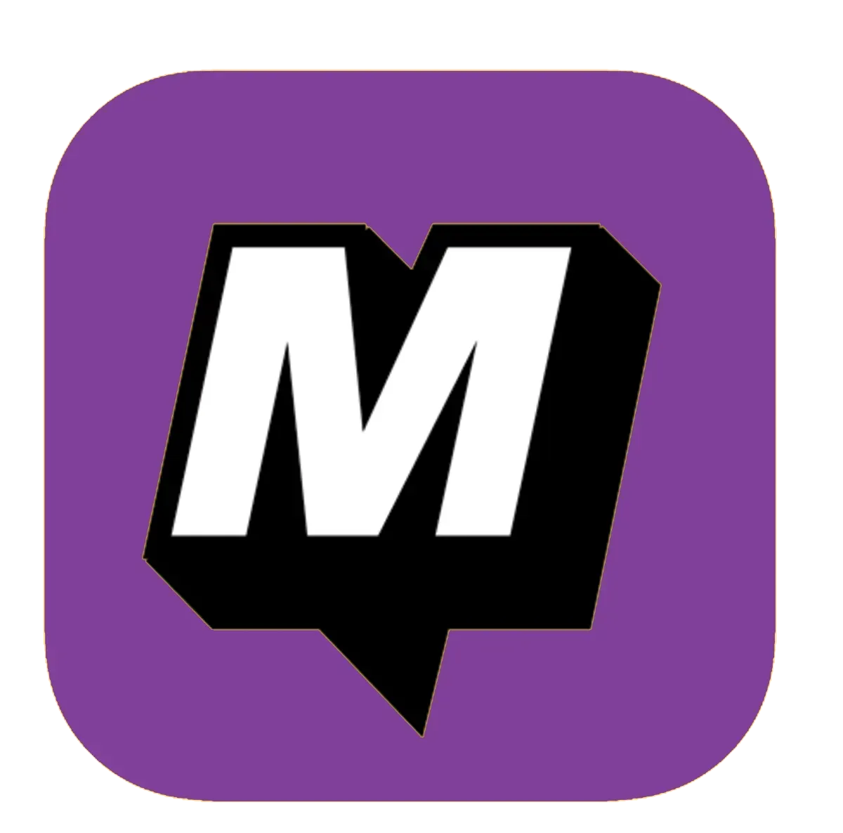 White “M” on a black speech bubble over a purple rounded square logo.