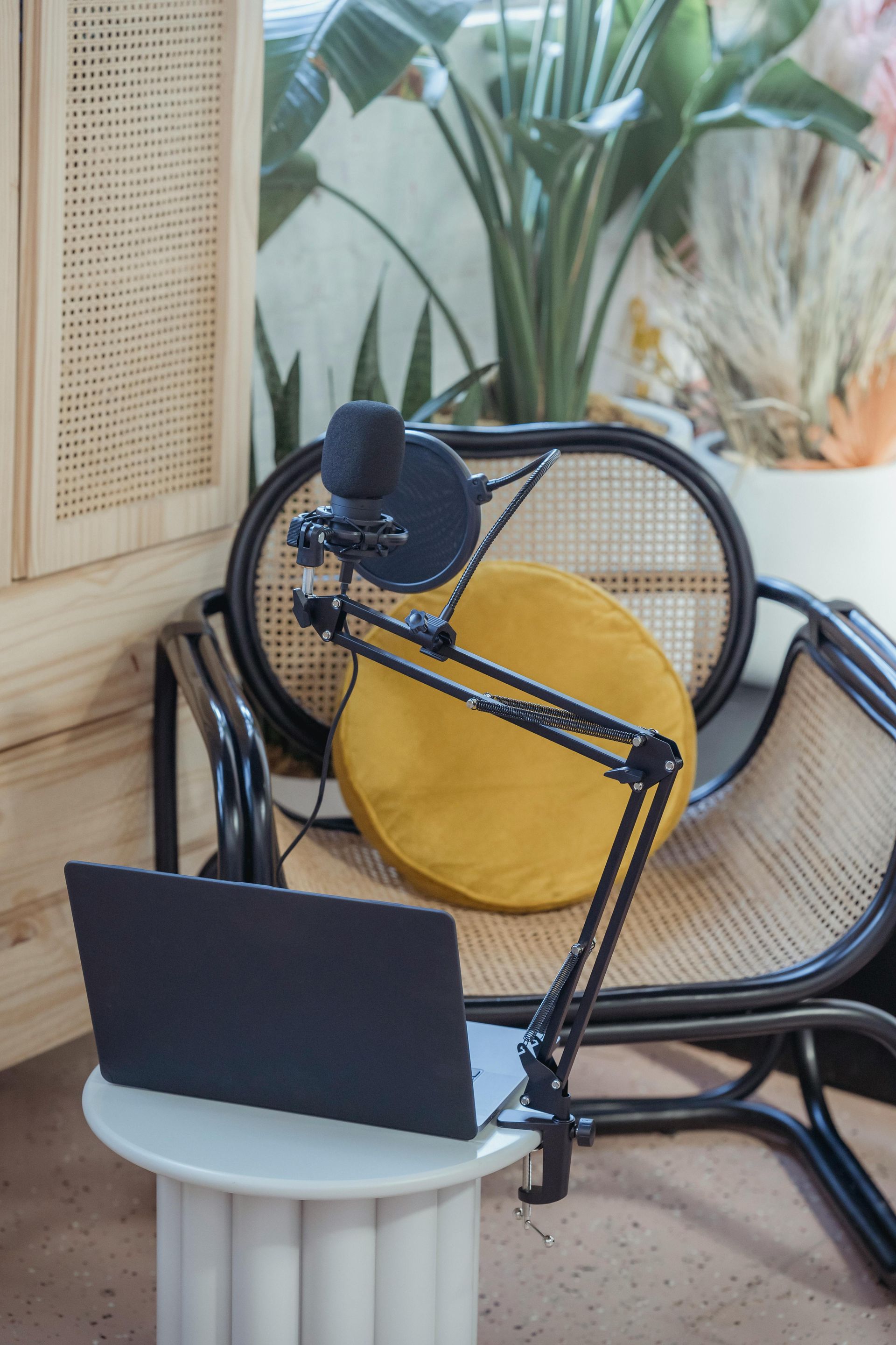 Microphone on stand beside open laptop in a cozy indoor seating area with a chair and plants