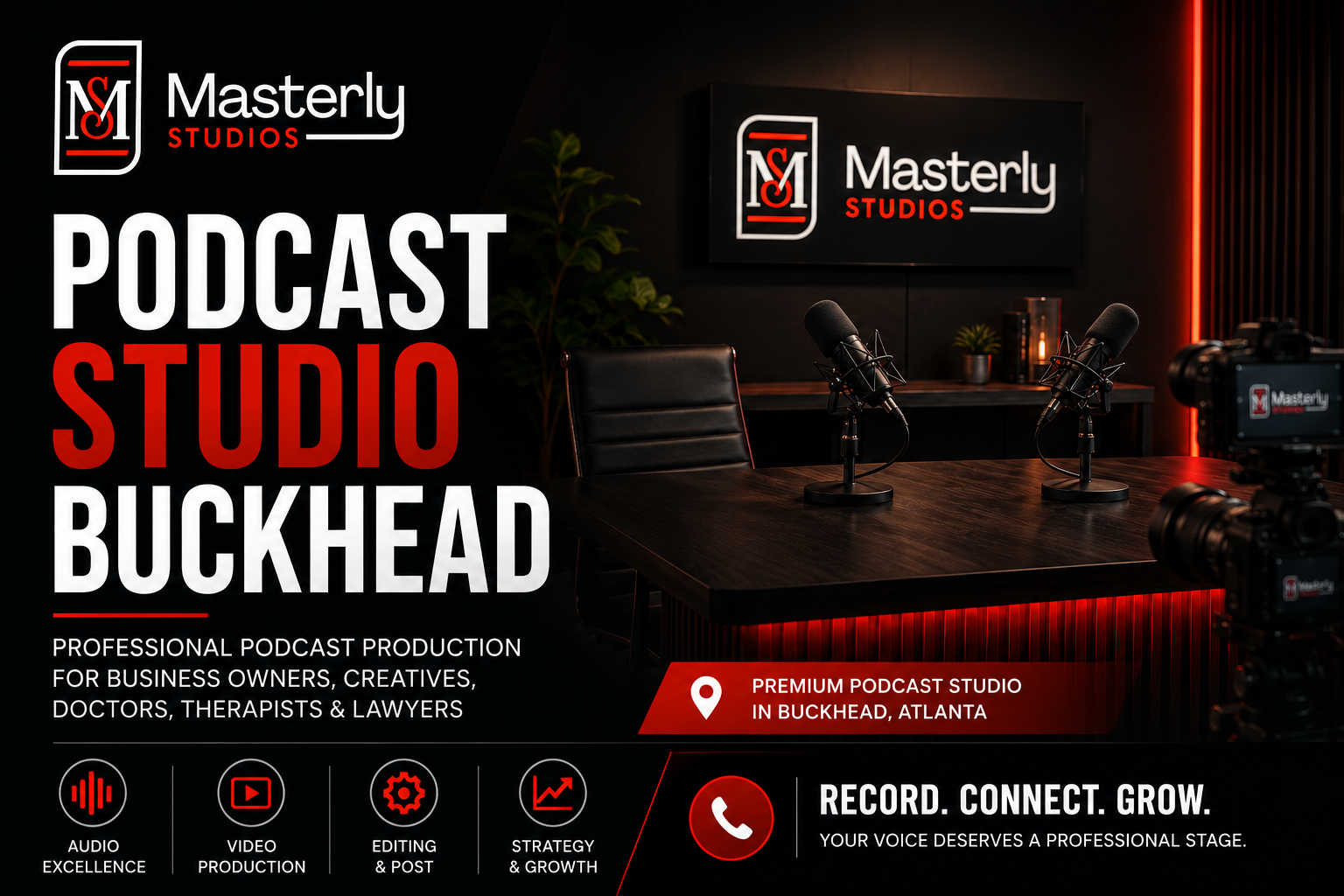 Podcast studio ad with black-and-red room, microphone, and bold “Podcast Studio Buckhead” text