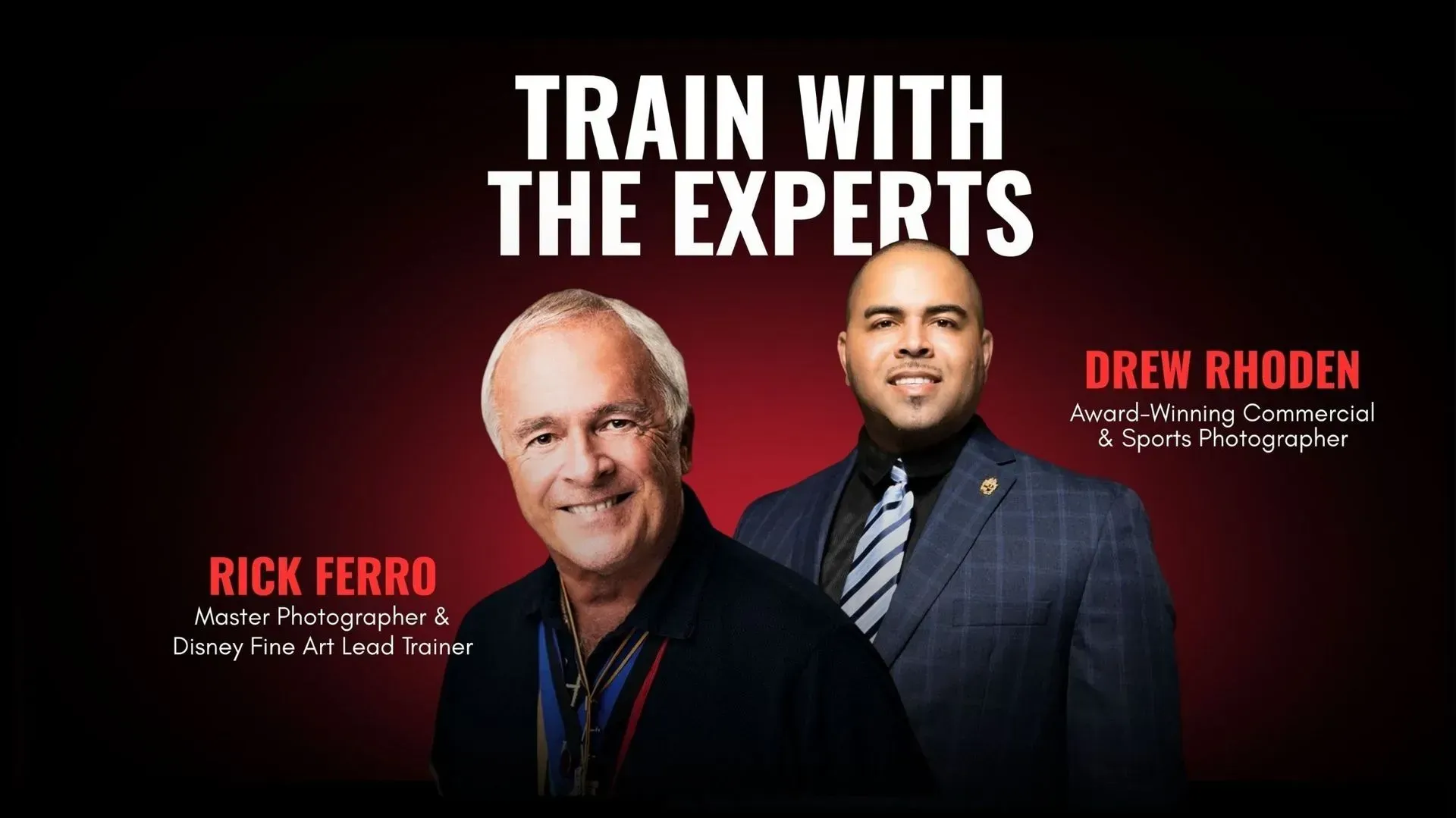 Two men in dark suits on a red-black background with text: “Train with the Experts.”