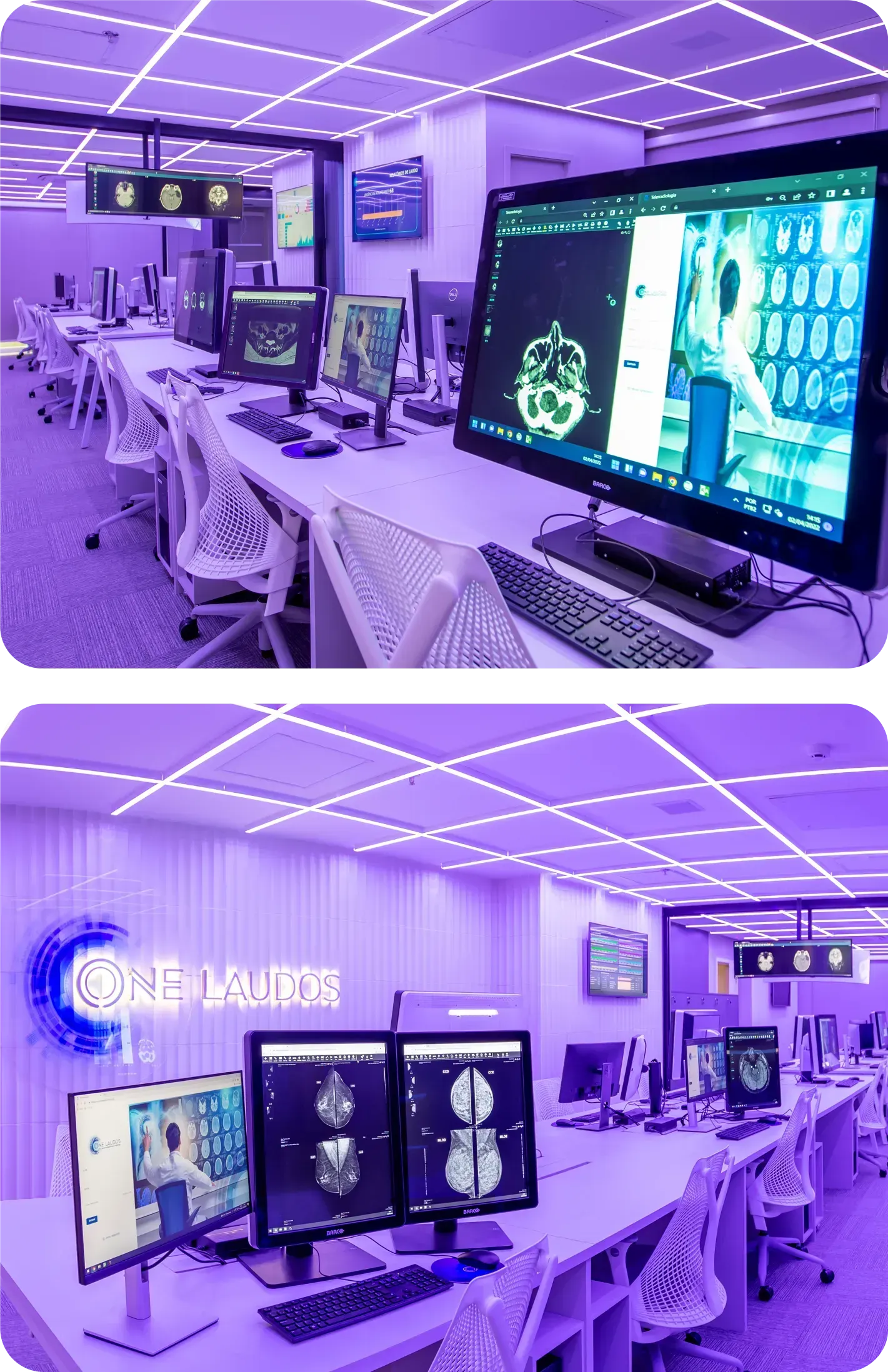 Uma sala roxa com muitos computadores e monitores