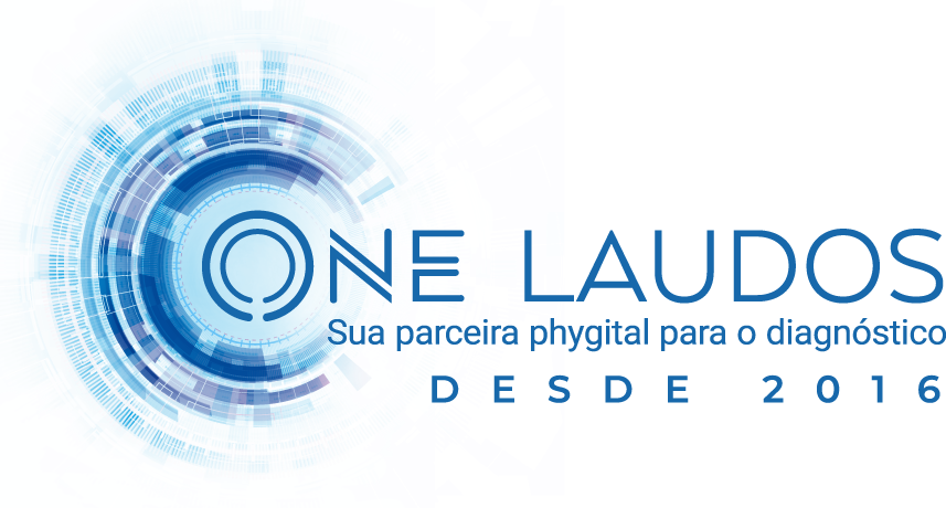 Um logotipo para uma empresa chamada one laudos com um círculo azul no meio.
