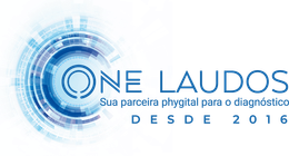 Um logotipo para uma empresa chamada one laudos com um círculo azul no meio.