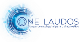Um logotipo para uma empresa chamada one laudos com um círculo azul no meio.