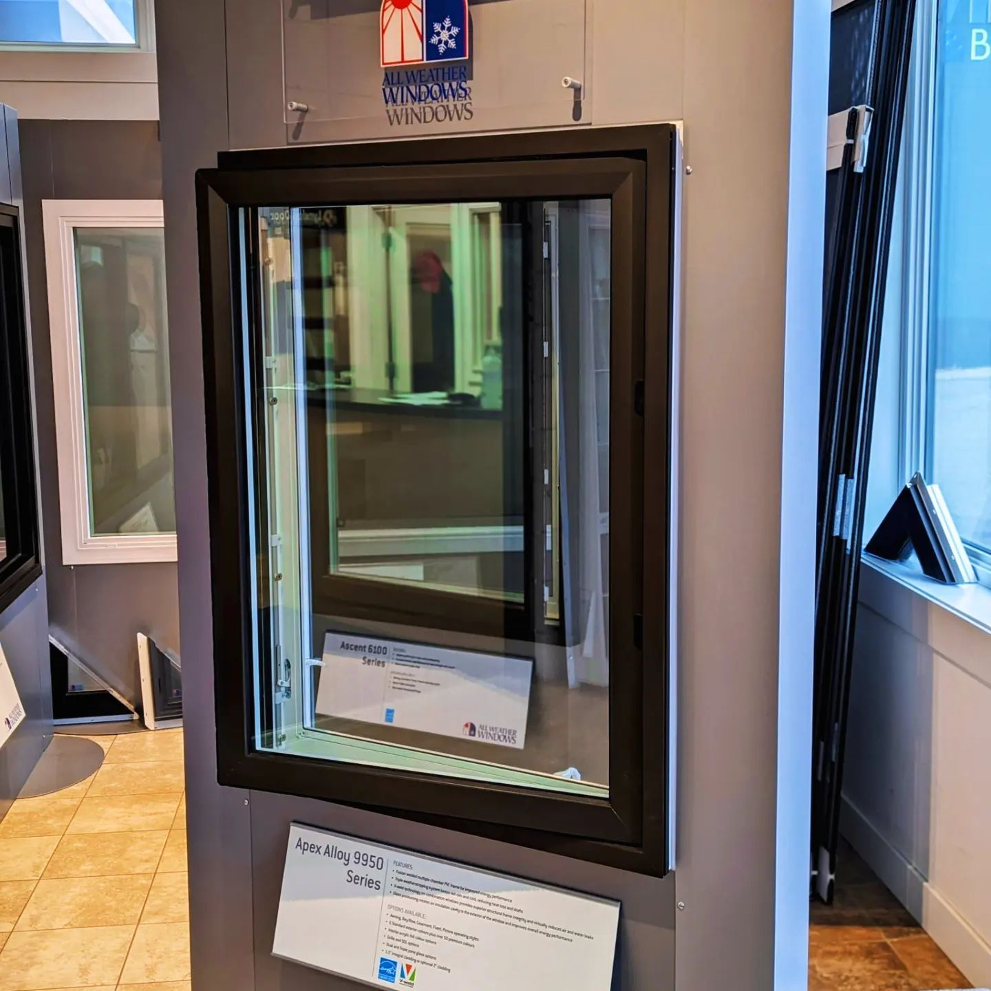 Window showroom displaying models with black and white frames on beige walls, with information panels.