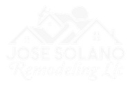A white logo for jose solano remodeling llc with a house and a hammer.