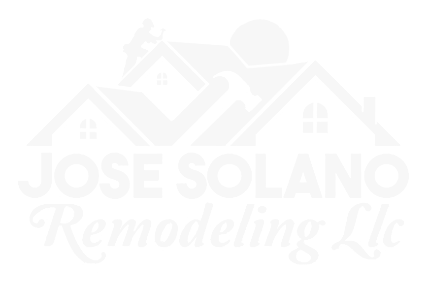 A white logo for jose solano remodeling llc with a house and a hammer.