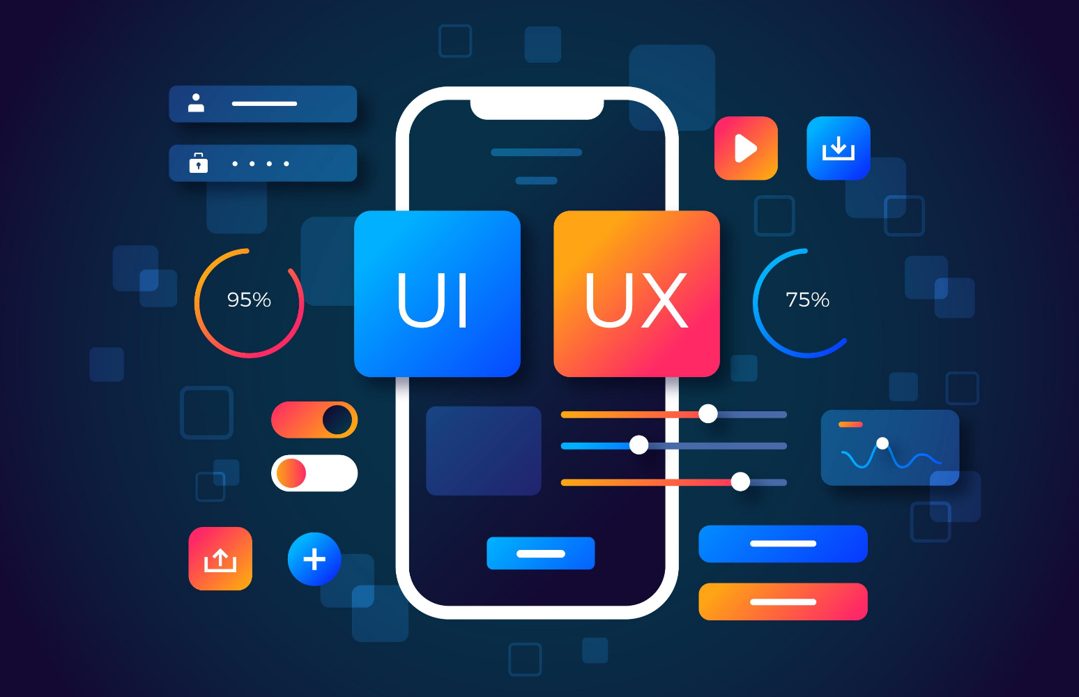 Smartphone UI/UX design illustration with colorful app icons and interface elements on a dark background