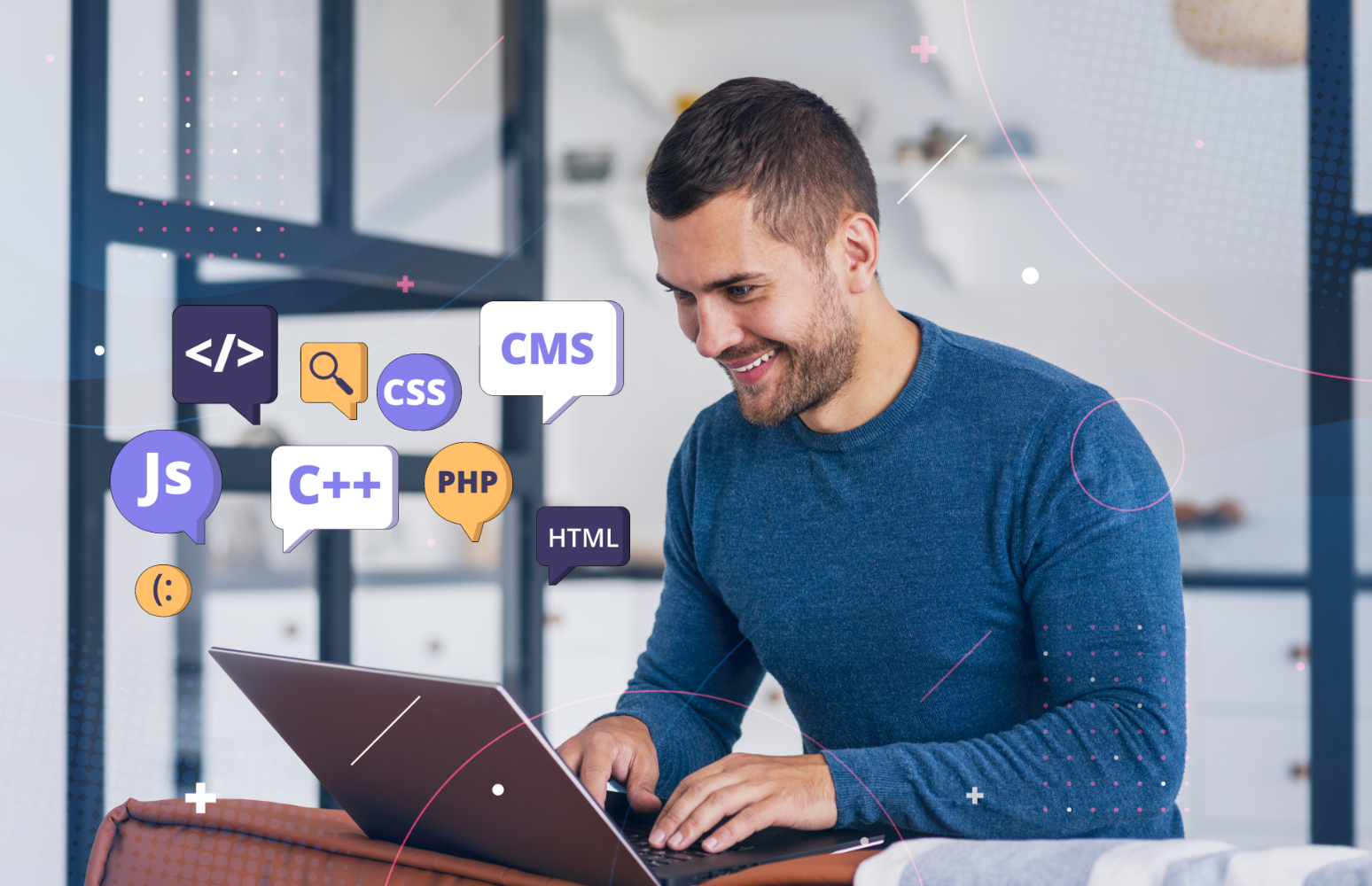 Man smiling while typing on a laptop, surrounded by floating coding icons in a bright office