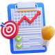 Clipboard with checklist, red upward trend arrow, target, and light bulb on blue background