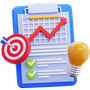 Clipboard with checklist, red upward trend arrow, target, and light bulb on blue background