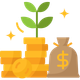 Coins, money bag, and green plant growing upward, symbolizing savings and investment