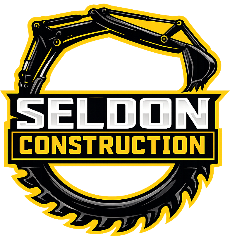 SELDON CONSTRUCTION logo with a black and yellow excavator and circular saw blade design