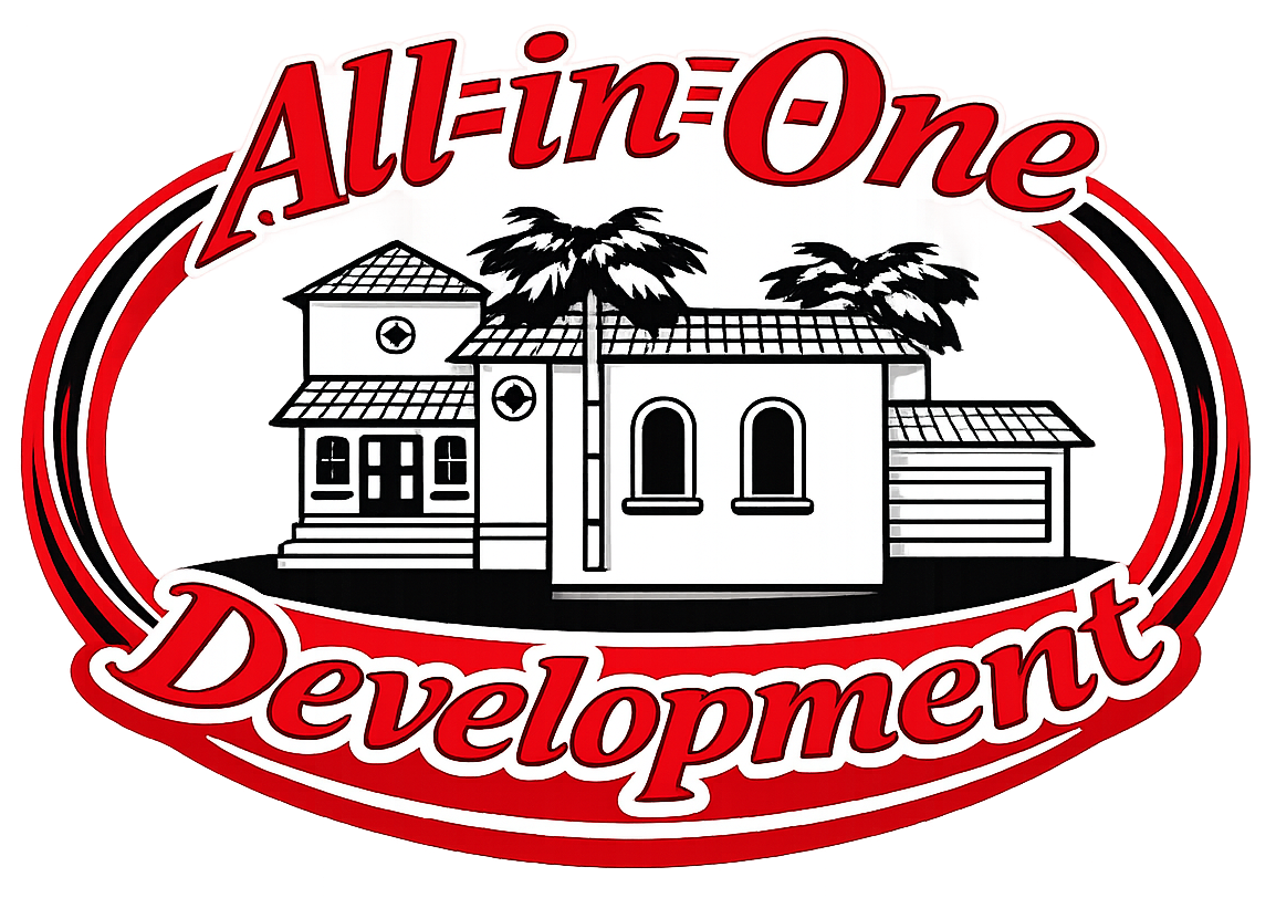 All-in-One Development logo with red text and a black-and-white house illustration
