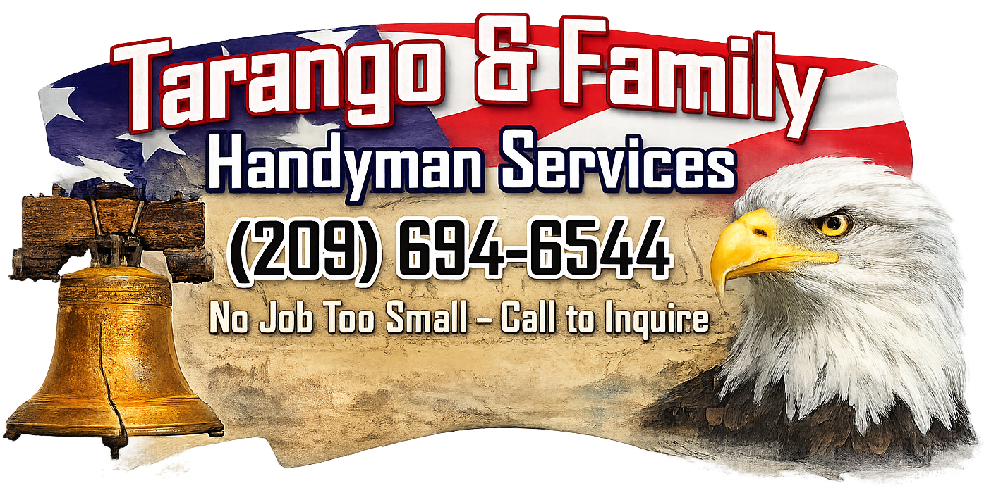 Tarango & Family Handyman Services logo with eagle, Liberty Bell, and American flag background