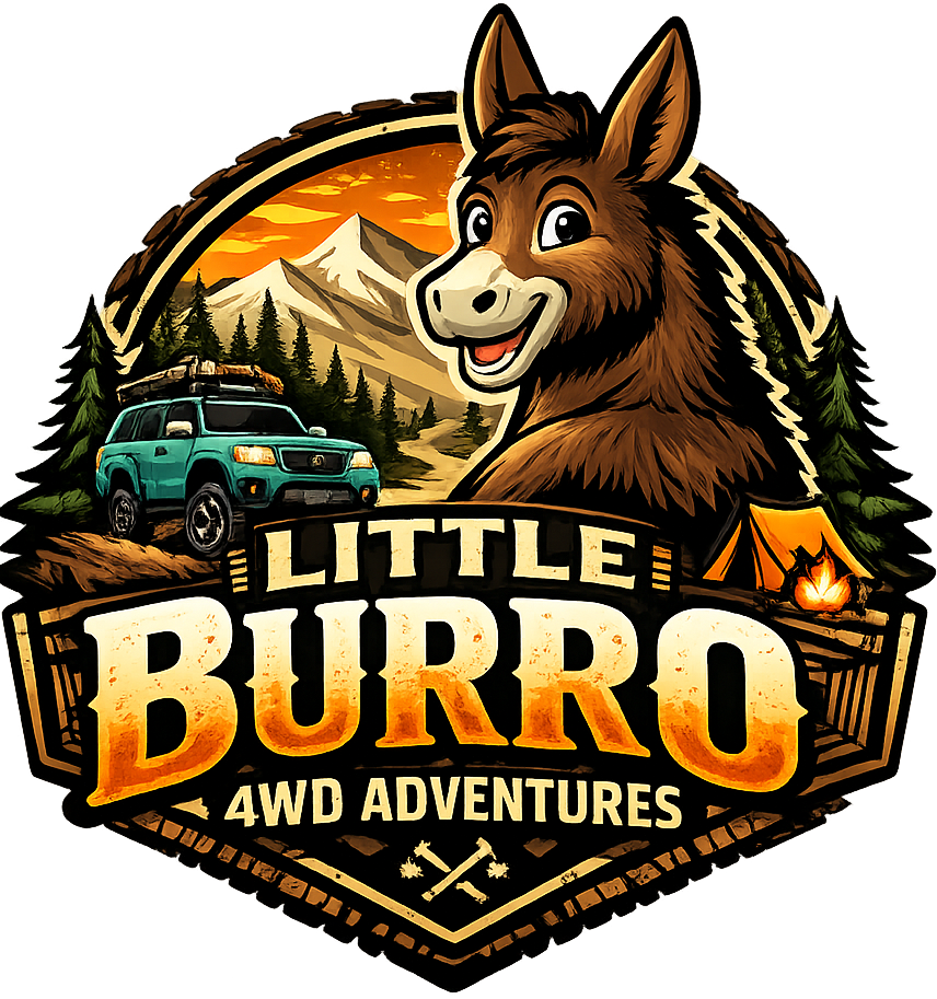 Little Burro 4WD Adventures logo with smiling burro, off-road truck, mountains, and campfire at sunset