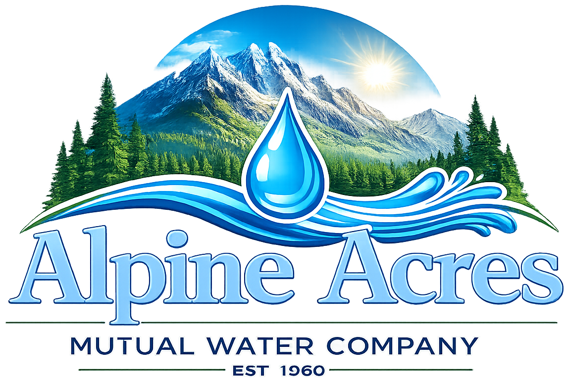 Alpine Acres Mutual Water Company logo with mountain, trees, and blue water droplet in blue tones