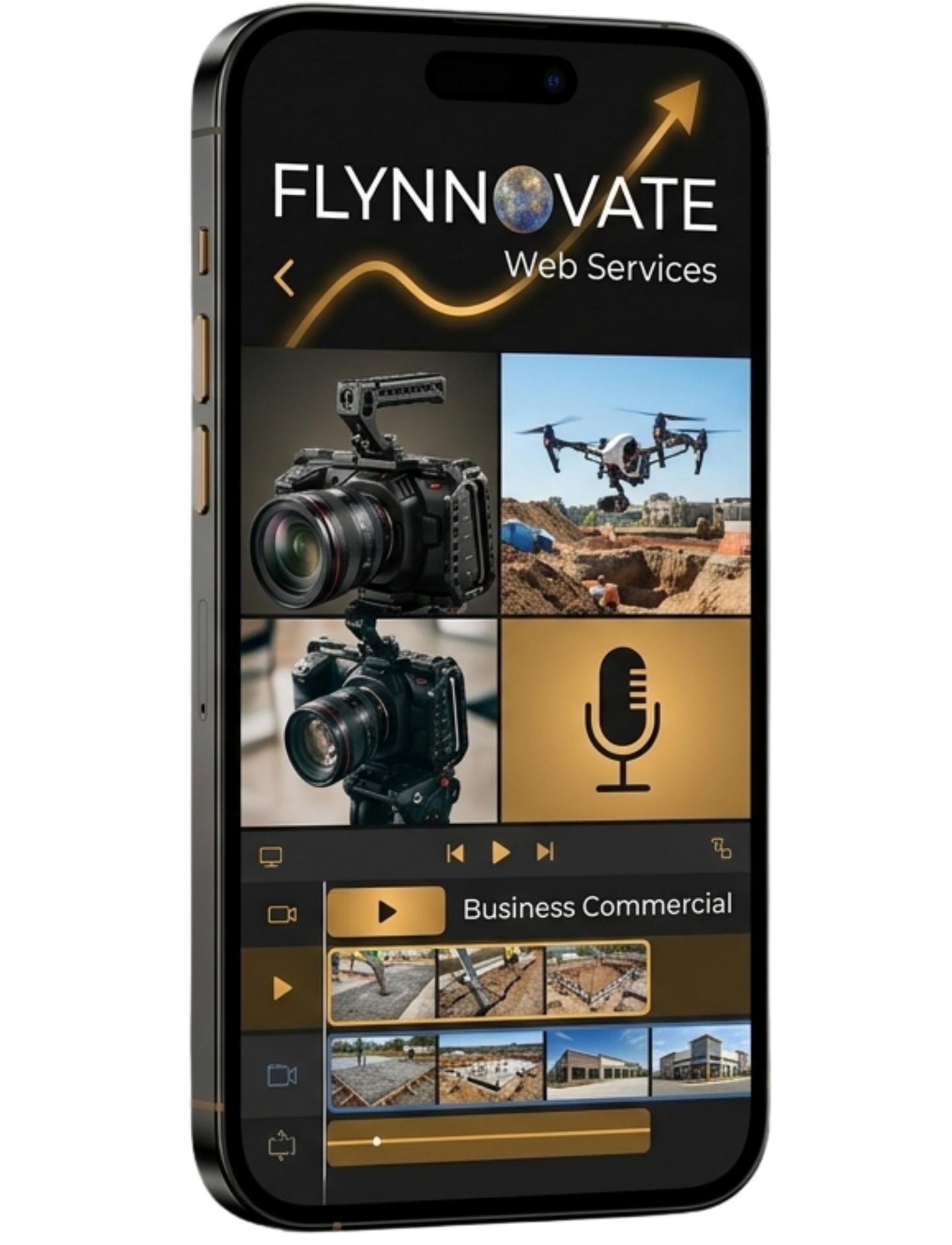 Smartphone screen showing a FLYNNVATE Web Services marketing layout with camera, drone, and microphone icons