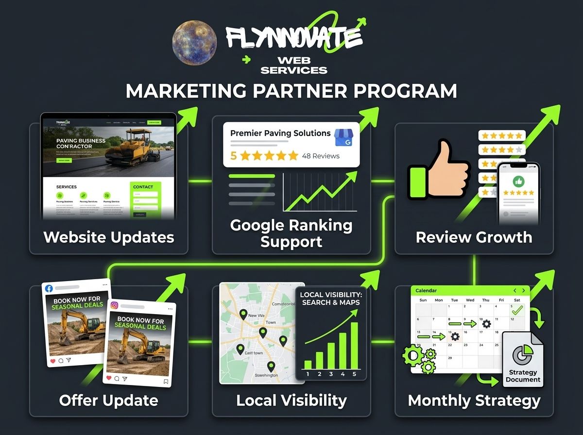 Flynn White marketing partner program graphic with six service panels and green upward arrows