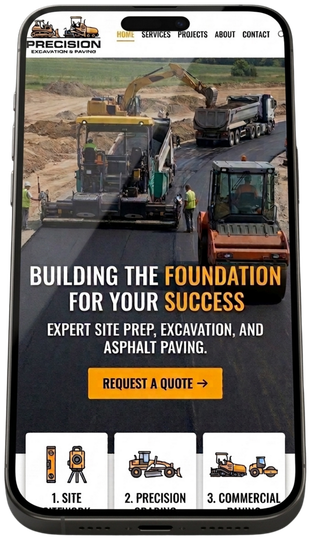 Construction equipment paving a road with text: “Building the foundation for your success.”