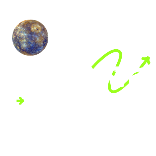 Blue-brown planet with neon green arrows and a curved path on a white background
